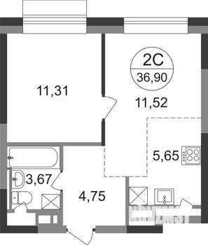 2-к квартира, строящийся дом, 37м2, 12/22 этаж