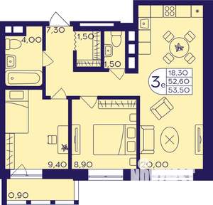3-к квартира, строящийся дом, 54м2, 12/22 этаж