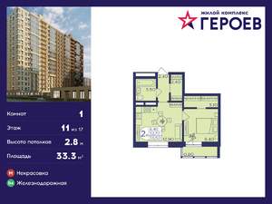 1-к квартира, вторичка, 33м2, 11/17 этаж