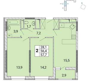 2-к квартира, сданный дом, 58м2, 11/18 этаж