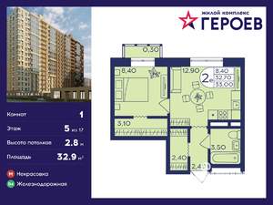 1-к квартира, вторичка, 33м2, 5/17 этаж