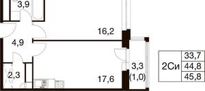 1-к квартира, вторичка, 46м2, 14/17 этаж