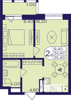 2-к квартира, строящийся дом, 35м2, 8/17 этаж