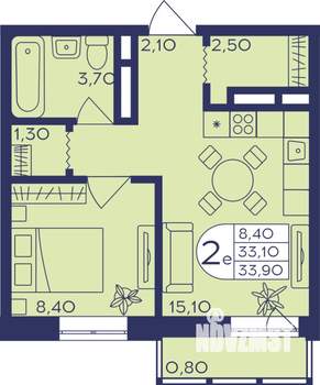 2-к квартира, строящийся дом, 34м2, 14/17 этаж