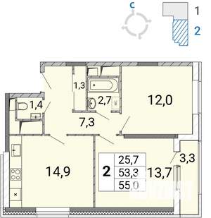 2-к квартира, строящийся дом, 55м2, 11/17 этаж
