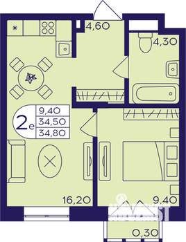 2-к квартира, строящийся дом, 35м2, 2/17 этаж