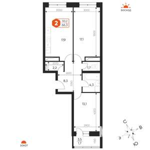 3-к квартира, строящийся дом, 66м2, 15/17 этаж
