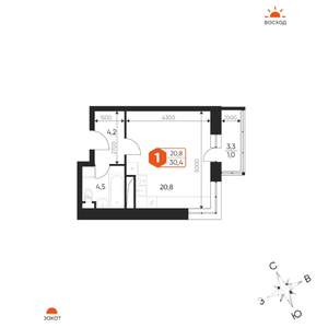 1-к квартира, строящийся дом, 30м2, 4/17 этаж