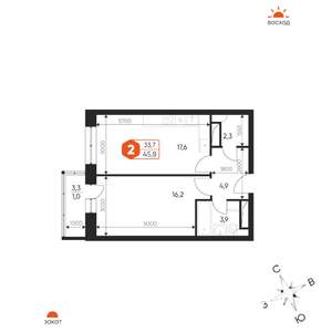 2-к квартира, вторичка, 46м2, 12/17 этаж