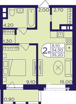2-к квартира, строящийся дом, 35м2, 22/22 этаж