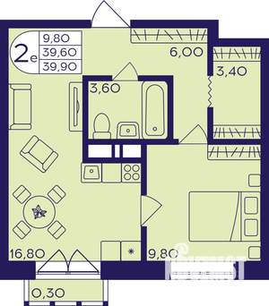 2-к квартира, строящийся дом, 40м2, 3/22 этаж