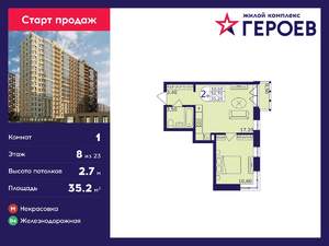 1-к квартира, вторичка, 35м2, 8/23 этаж