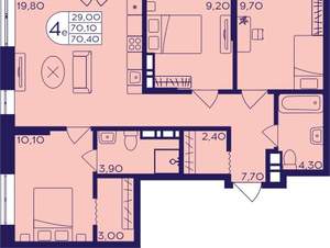 3-к квартира, вторичка, 70м2, 4/17 этаж