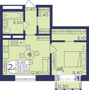 2-к квартира, строящийся дом, 33м2, 4/17 этаж