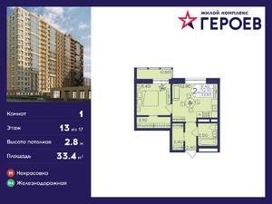 1-к квартира, вторичка, 33м2, 13/17 этаж