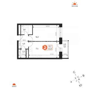 2-к квартира, вторичка, 46м2, 7/17 этаж