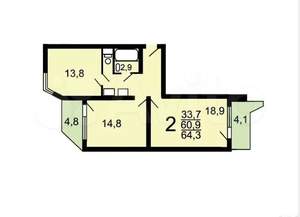 2-к квартира, вторичка, 58м2, 20/22 этаж