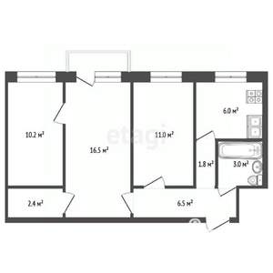 3-к квартира, вторичка, 62м2, 2/5 этаж