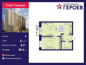 1-к квартира, вторичка, 36м2, 2/23 этаж
