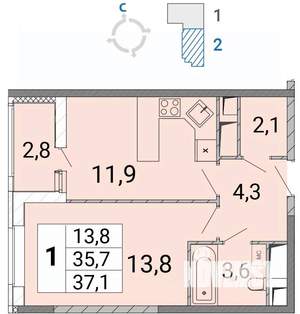 1-к квартира, сданный дом, 37м2, 12/17 этаж