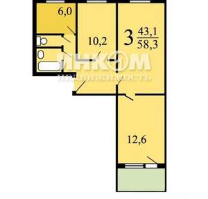 3-к квартира, вторичка, 58м2, 2/9 этаж