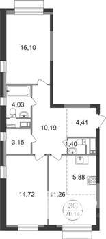 3-к квартира, строящийся дом, 70м2, 7/22 этаж