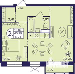 2-к квартира, строящийся дом, 47м2, 2/21 этаж