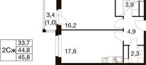 1-к квартира, вторичка, 46м2, 3/17 этаж