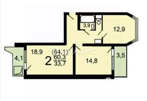 2-к квартира, вторичка, 64м2, 14/17 этаж