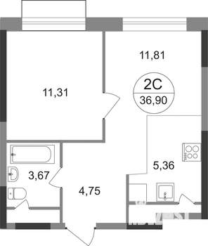 2-к квартира, строящийся дом, 37м2, 18/22 этаж