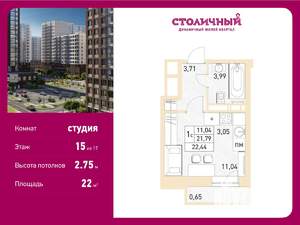 Студия квартира, вторичка, 22м2, 15/17 этаж