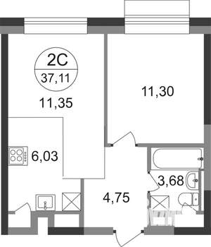 2-к квартира, строящийся дом, 37м2, 21/22 этаж