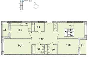 3-к квартира, сданный дом, 77м2, 9/18 этаж