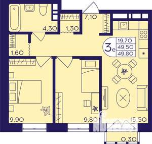 3-к квартира, строящийся дом, 51м2, 13/17 этаж