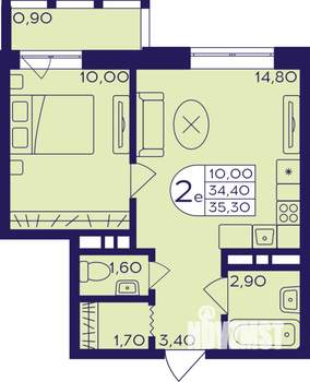 2-к квартира, строящийся дом, 35м2, 17/22 этаж
