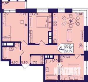 4-к квартира, вторичка, 68м2, 20/22 этаж