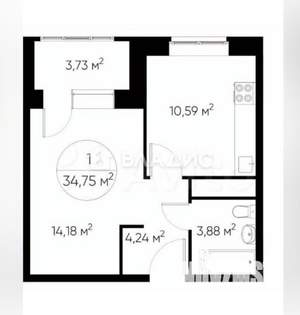 1-к квартира, вторичка, 35м2, 8/22 этаж