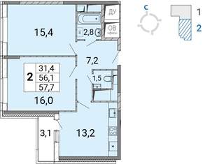 2-к квартира, строящийся дом, 58м2, 4/17 этаж