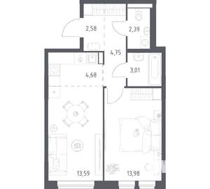 1-к квартира, вторичка, 45м2, 14/17 этаж