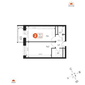 2-к квартира, строящийся дом, 46м2, 3/17 этаж