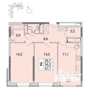 2-к квартира, строящийся дом, 58м2, 12/17 этаж