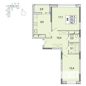 2-к квартира, строящийся дом, 57м2, 14/17 этаж