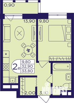 2-к квартира, строящийся дом, 34м2, 2/22 этаж