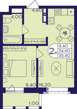 2-к квартира, строящийся дом, 35м2, 7/17 этаж
