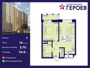 1-к квартира, вторичка, 35м2, 14/22 этаж