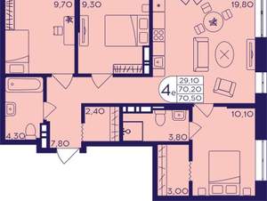 3-к квартира, вторичка, 71м2, 4/17 этаж