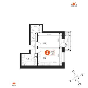 2-к квартира, строящийся дом, 43м2, 13/17 этаж