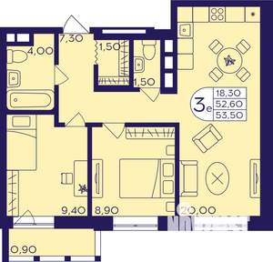 3-к квартира, строящийся дом, 54м2, 14/22 этаж