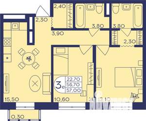 3-к квартира, строящийся дом, 57м2, 2/17 этаж