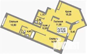 3-к квартира, вторичка, 74м2, 22/23 этаж